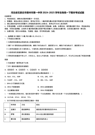 河北省石家庄市晋州市第一中学2024-2025学年生物高一下期末考试试题含解析