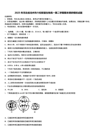 2025年河北省沧州市六校联盟生物高一第二学期期末调研模拟试题含解析