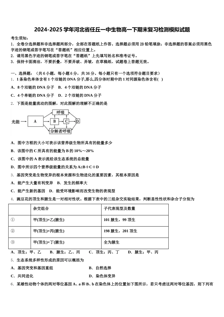 2024-2025学年河北省任丘一中生物高一下期末复习检测模拟试题含解析_第1页