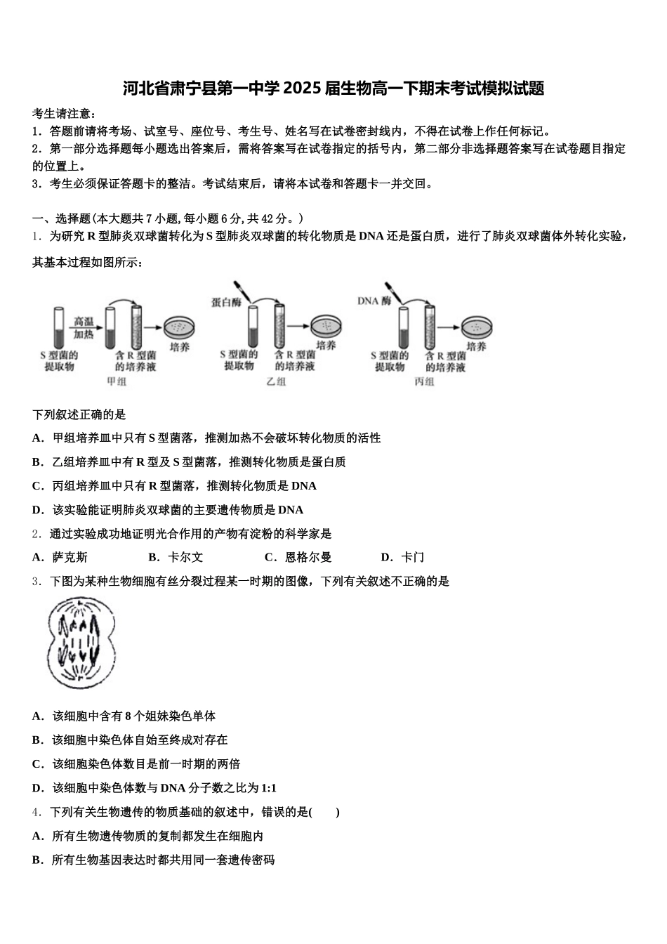河北省肃宁县第一中学2025届生物高一下期末考试模拟试题含解析_第1页
