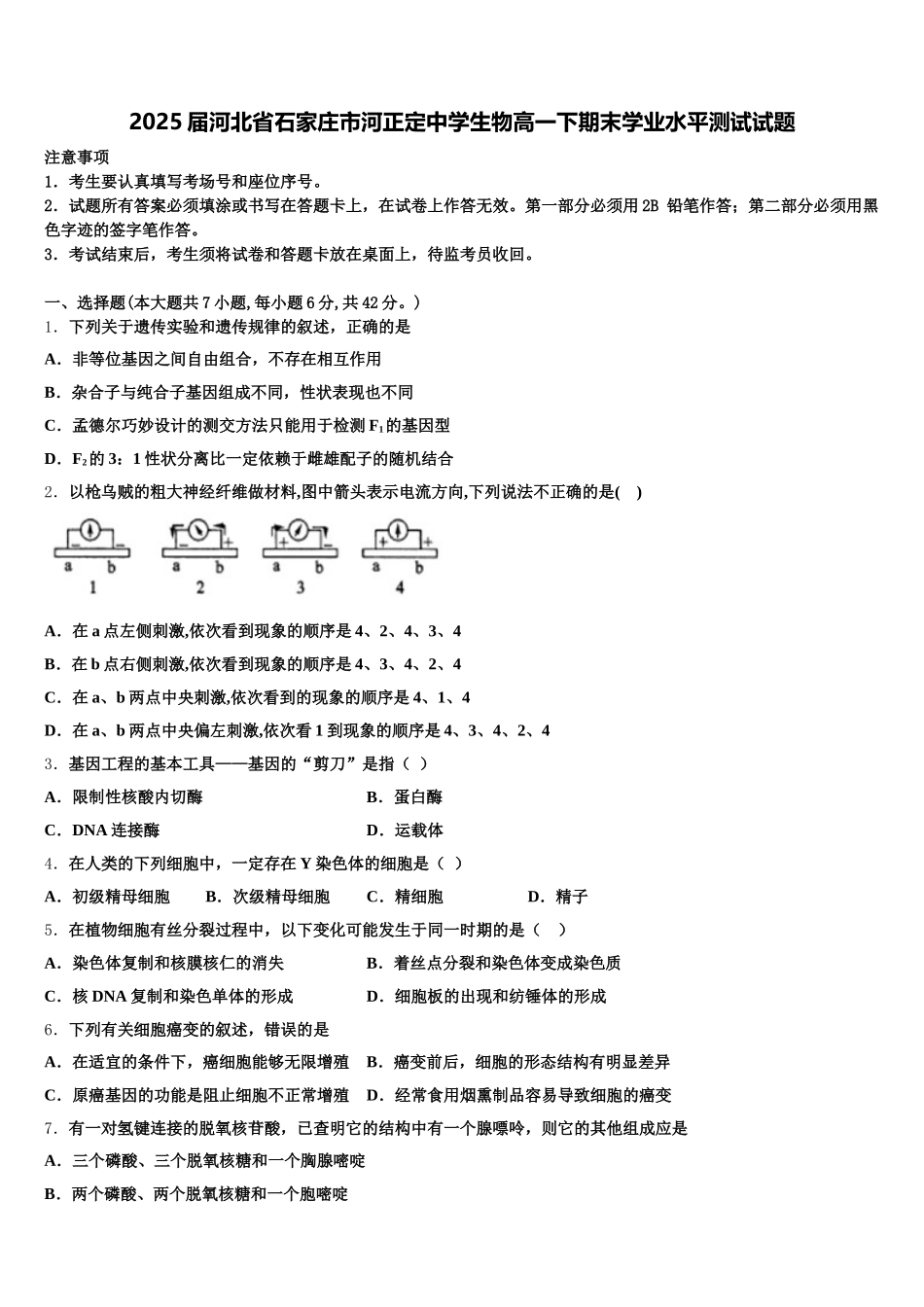 2025届河北省石家庄市河正定中学生物高一下期末学业水平测试试题含解析_第1页
