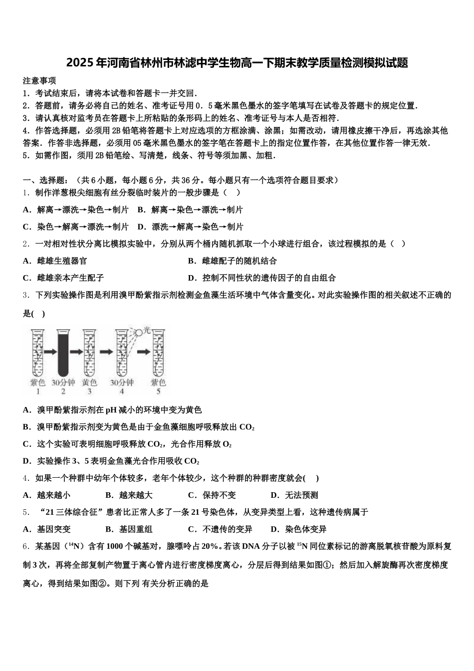 2025年河南省林州市林滤中学生物高一下期末教学质量检测模拟试题含解析_第1页