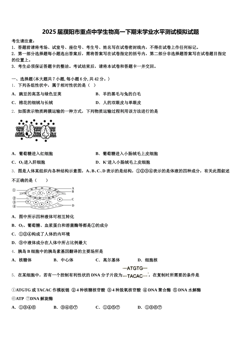 2025届濮阳市重点中学生物高一下期末学业水平测试模拟试题含解析_第1页
