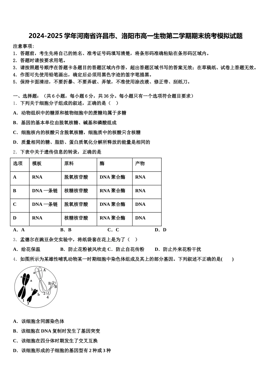 2024-2025学年河南省许昌市、洛阳市高一生物第二学期期末统考模拟试题含解析_第1页