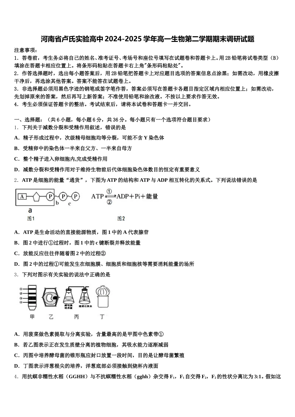 河南省卢氏实验高中2024-2025学年高一生物第二学期期末调研试题含解析_第1页