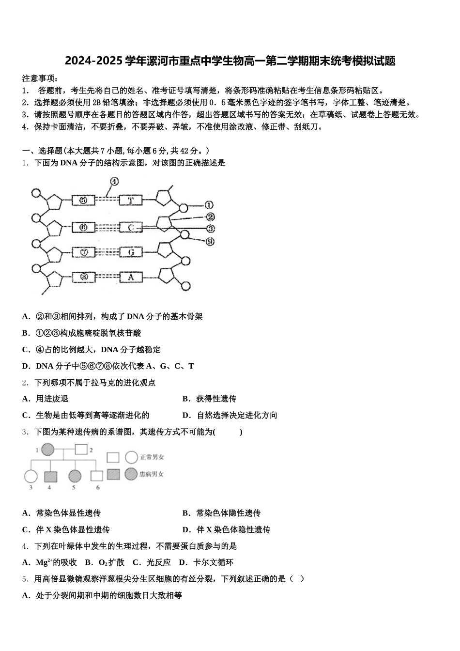 2024-2025学年漯河市重点中学生物高一第二学期期末统考模拟试题含解析_第1页
