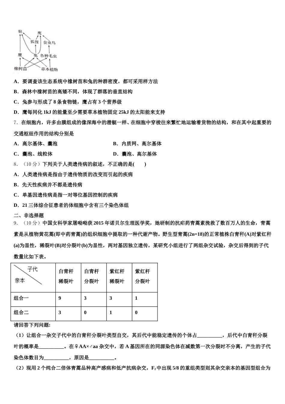 2025年河南省鹤壁市淇滨区鹤壁高中高一生物第二学期期末学业质量监测试题含解析_第2页