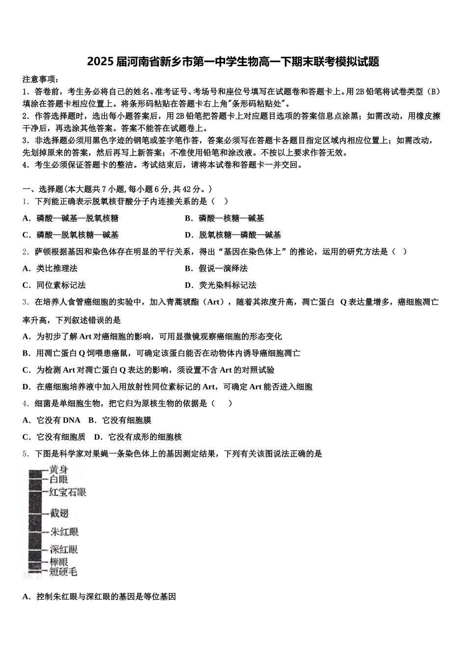 2025届河南省新乡市第一中学生物高一下期末联考模拟试题含解析_第1页
