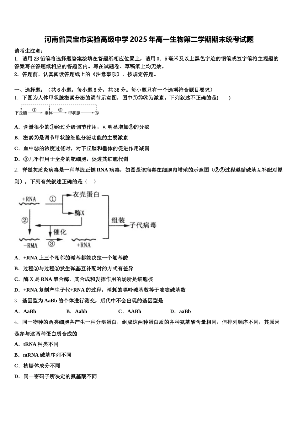 河南省灵宝市实验高级中学2025年高一生物第二学期期末统考试题含解析_第1页
