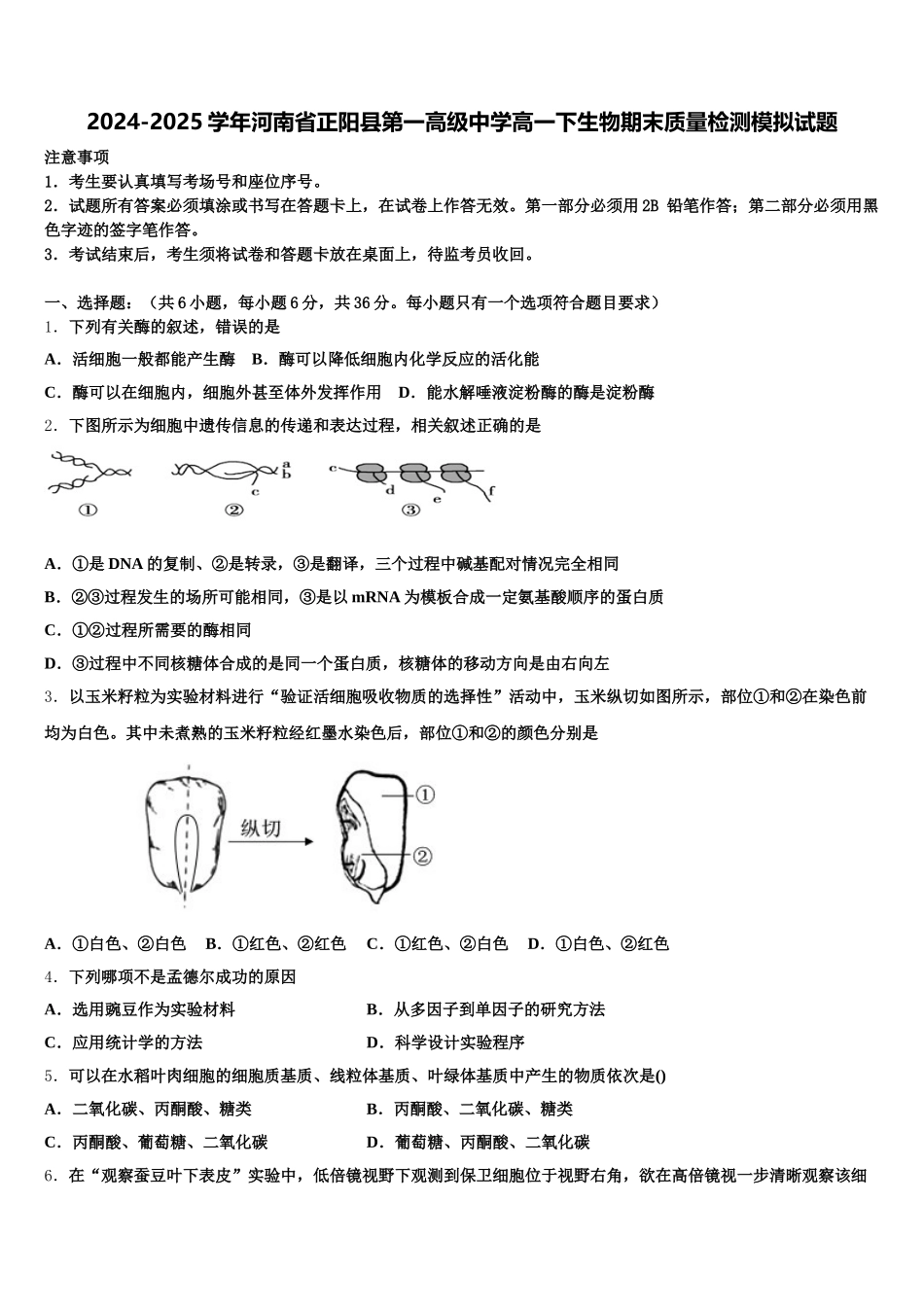 2024-2025学年河南省正阳县第一高级中学高一下生物期末质量检测模拟试题含解析_第1页