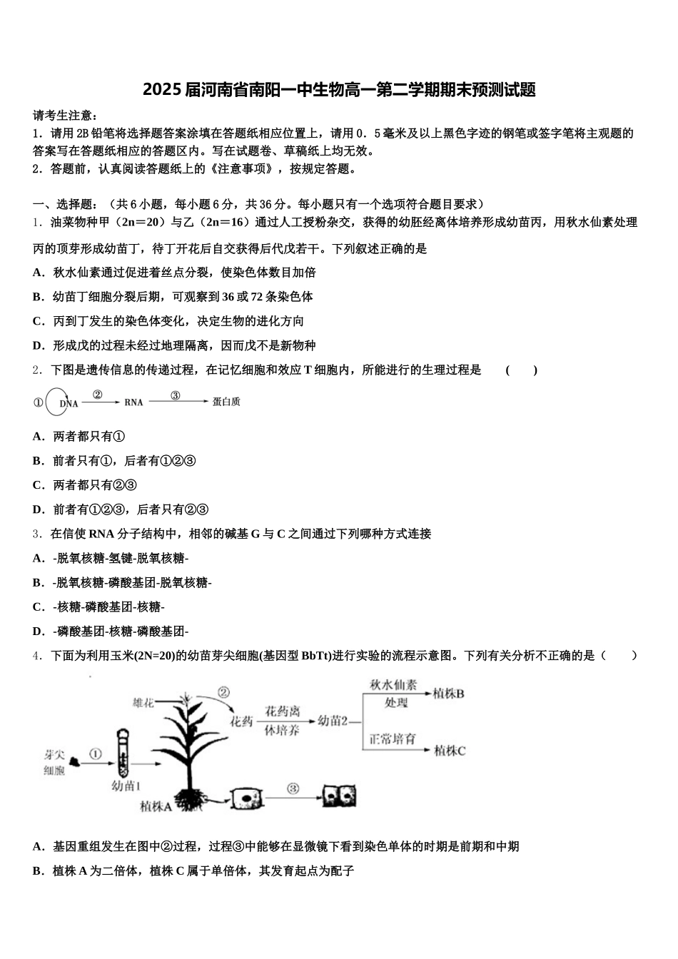 2025届河南省南阳一中生物高一第二学期期末预测试题含解析_第1页