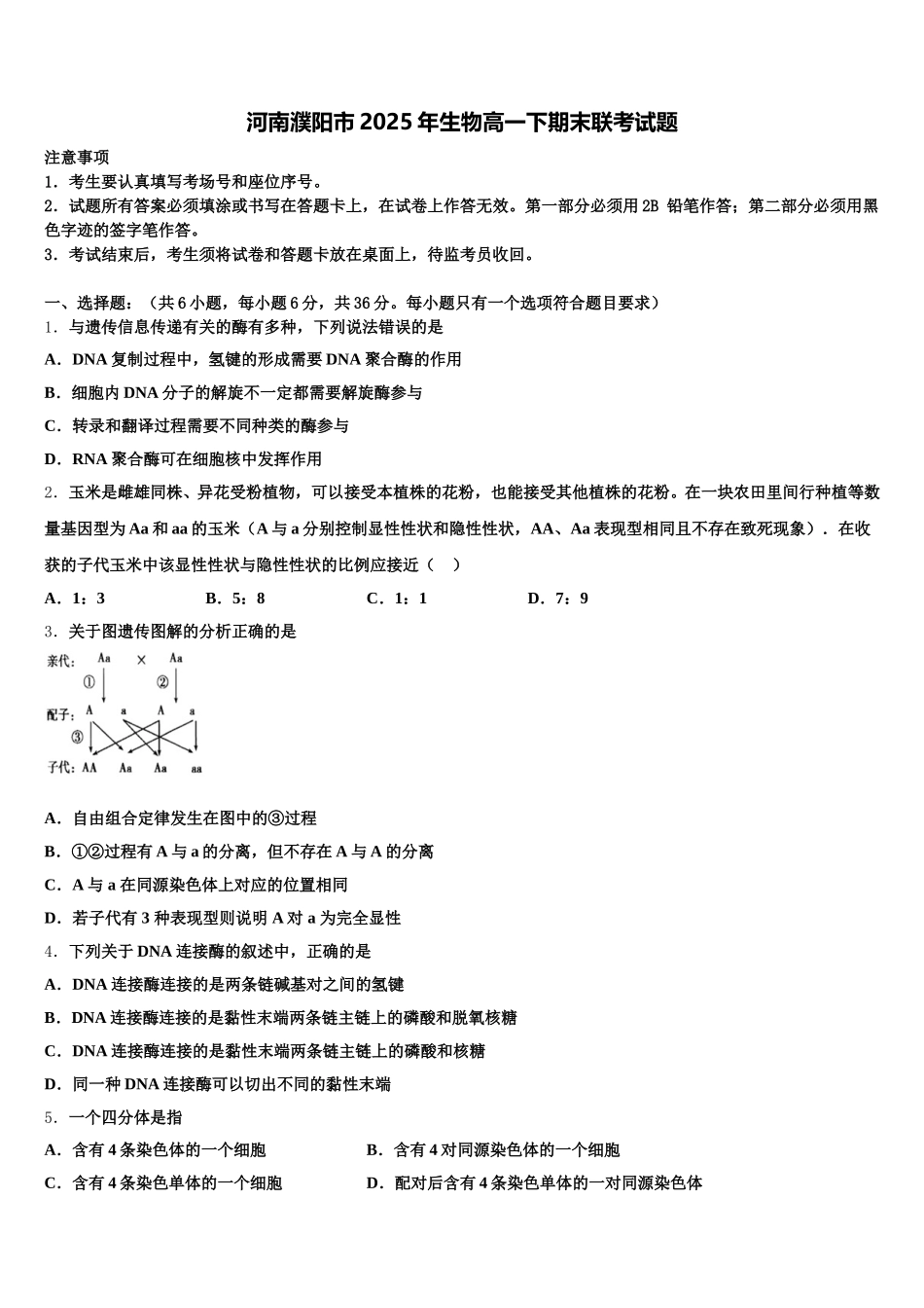河南濮阳市2025年生物高一下期末联考试题含解析_第1页