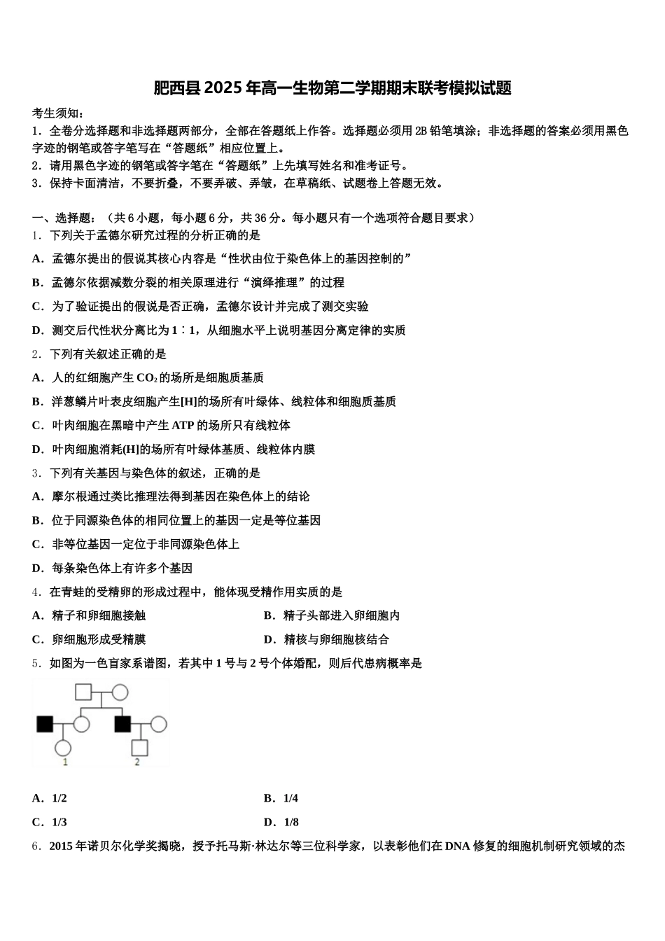 肥西县2025年高一生物第二学期期末联考模拟试题含解析_第1页