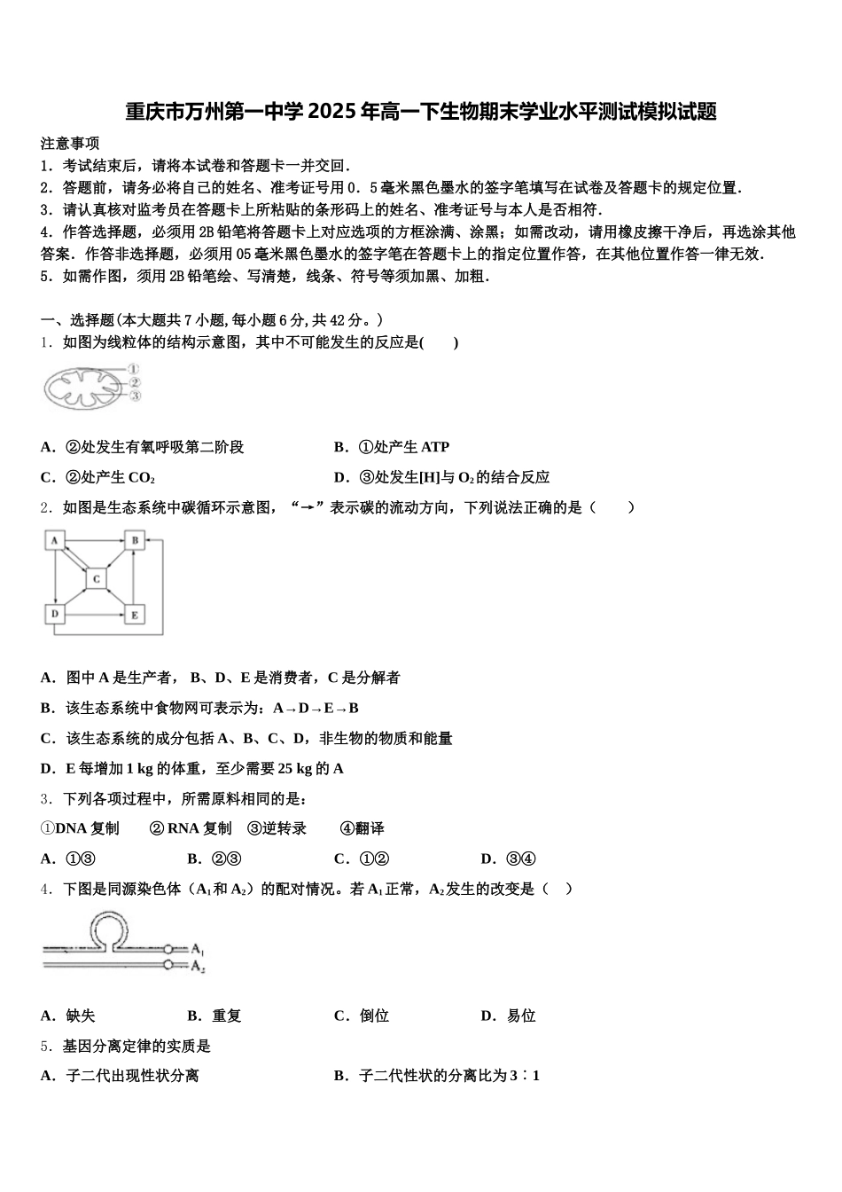 重庆市万州第一中学2025年高一下生物期末学业水平测试模拟试题含解析_第1页