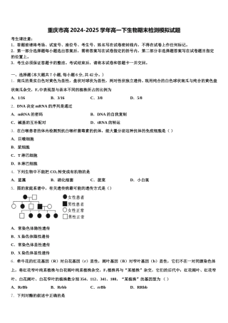 重庆市高2024-2025学年高一下生物期末检测模拟试题含解析
