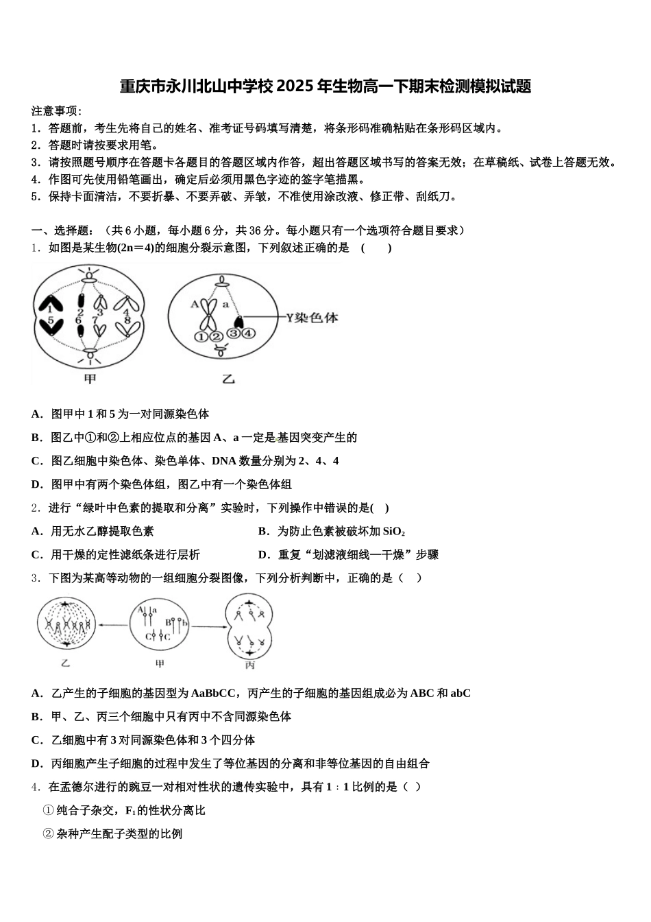 重庆市永川北山中学校2025年生物高一下期末检测模拟试题含解析_第1页