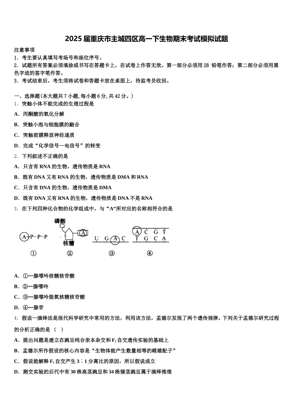 2025届重庆市主城四区高一下生物期末考试模拟试题含解析_第1页