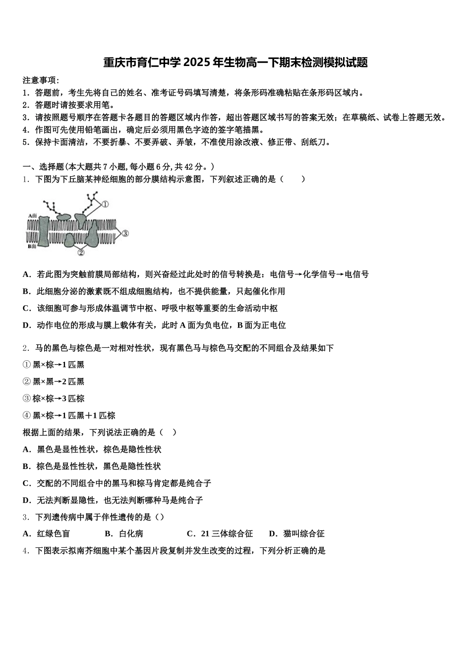 重庆市育仁中学2025年生物高一下期末检测模拟试题含解析_第1页