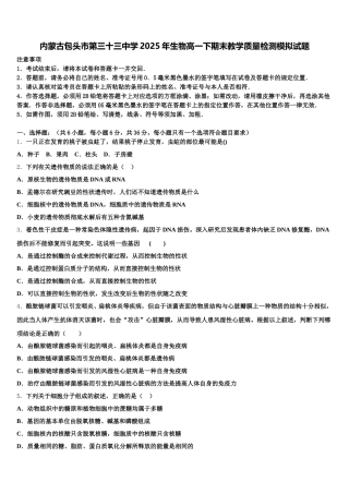 内蒙古包头市第三十三中学2025年生物高一下期末教学质量检测模拟试题含解析