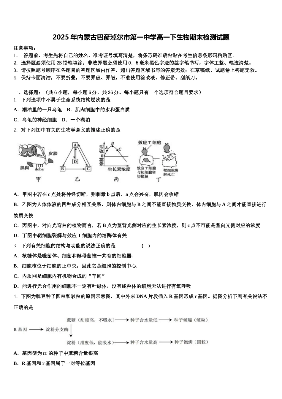 2025年内蒙古巴彦淖尔市第一中学高一下生物期末检测试题含解析_第1页