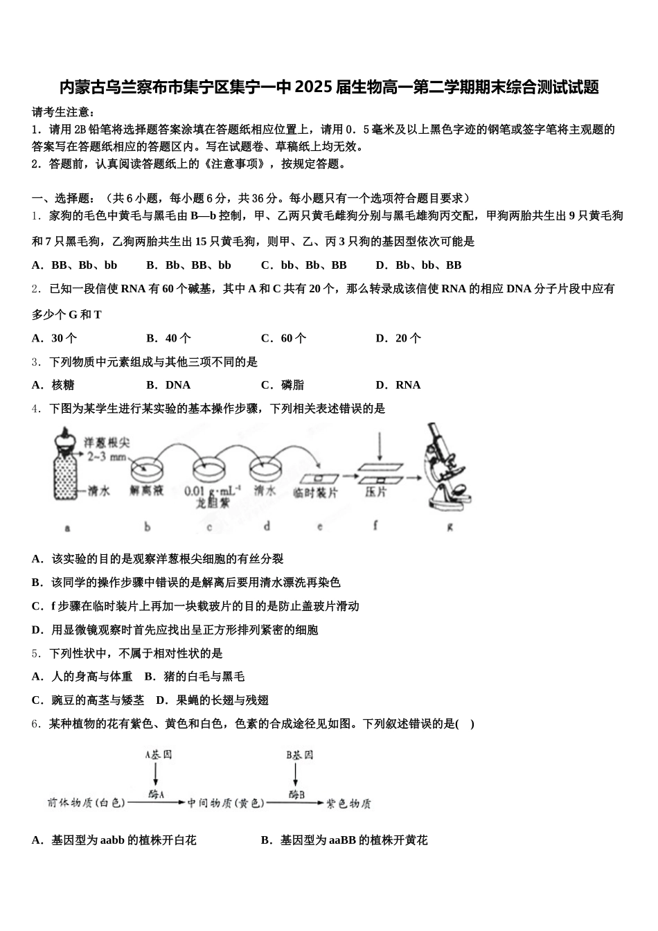 内蒙古乌兰察布市集宁区集宁一中2025届生物高一第二学期期末综合测试试题含解析_第1页
