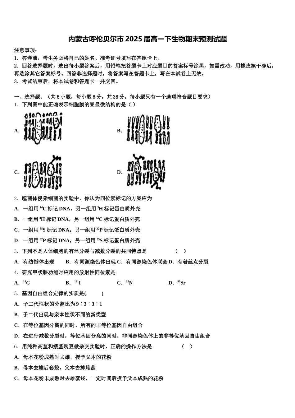 内蒙古呼伦贝尔市2025届高一下生物期末预测试题含解析_第1页