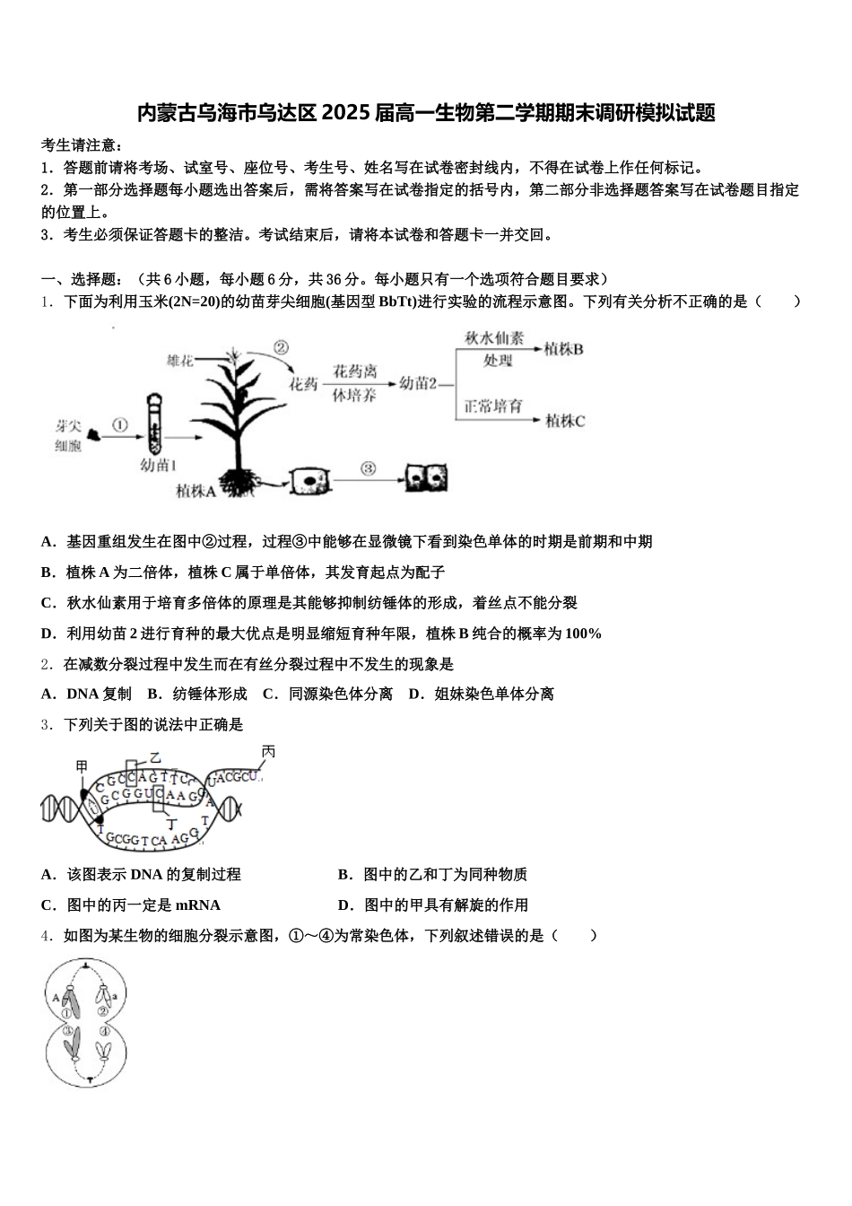内蒙古乌海市乌达区2025届高一生物第二学期期末调研模拟试题含解析_第1页