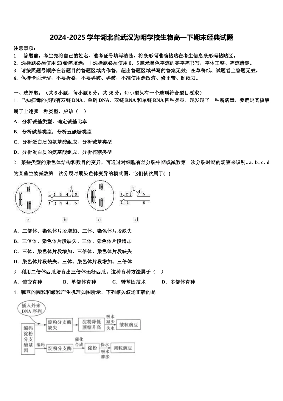 2024-2025学年湖北省武汉为明学校生物高一下期末经典试题含解析_第1页
