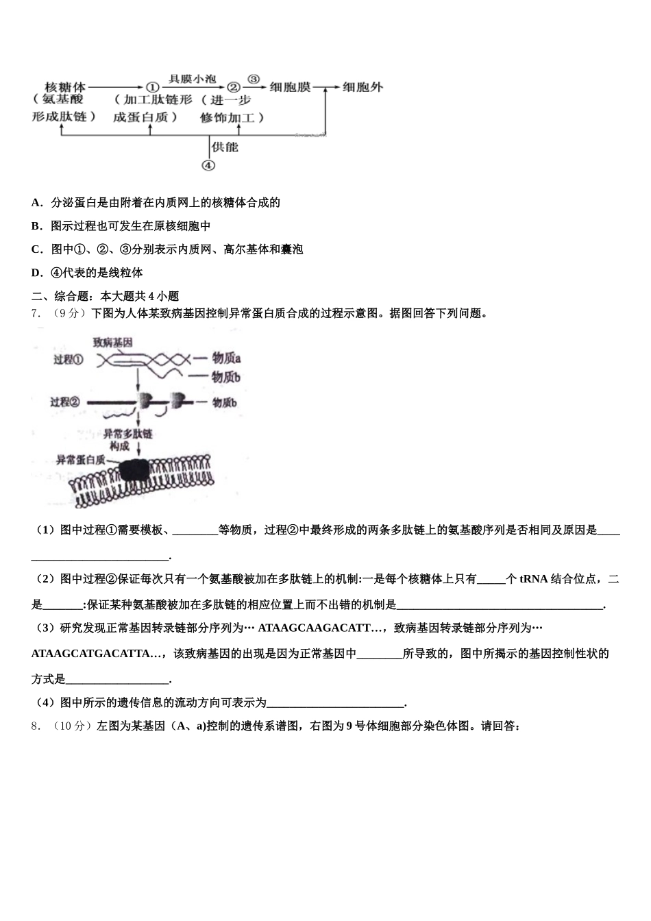 2024-2025学年湖北省麻城市实验高中高一生物第二学期期末调研模拟试题含解析_第2页