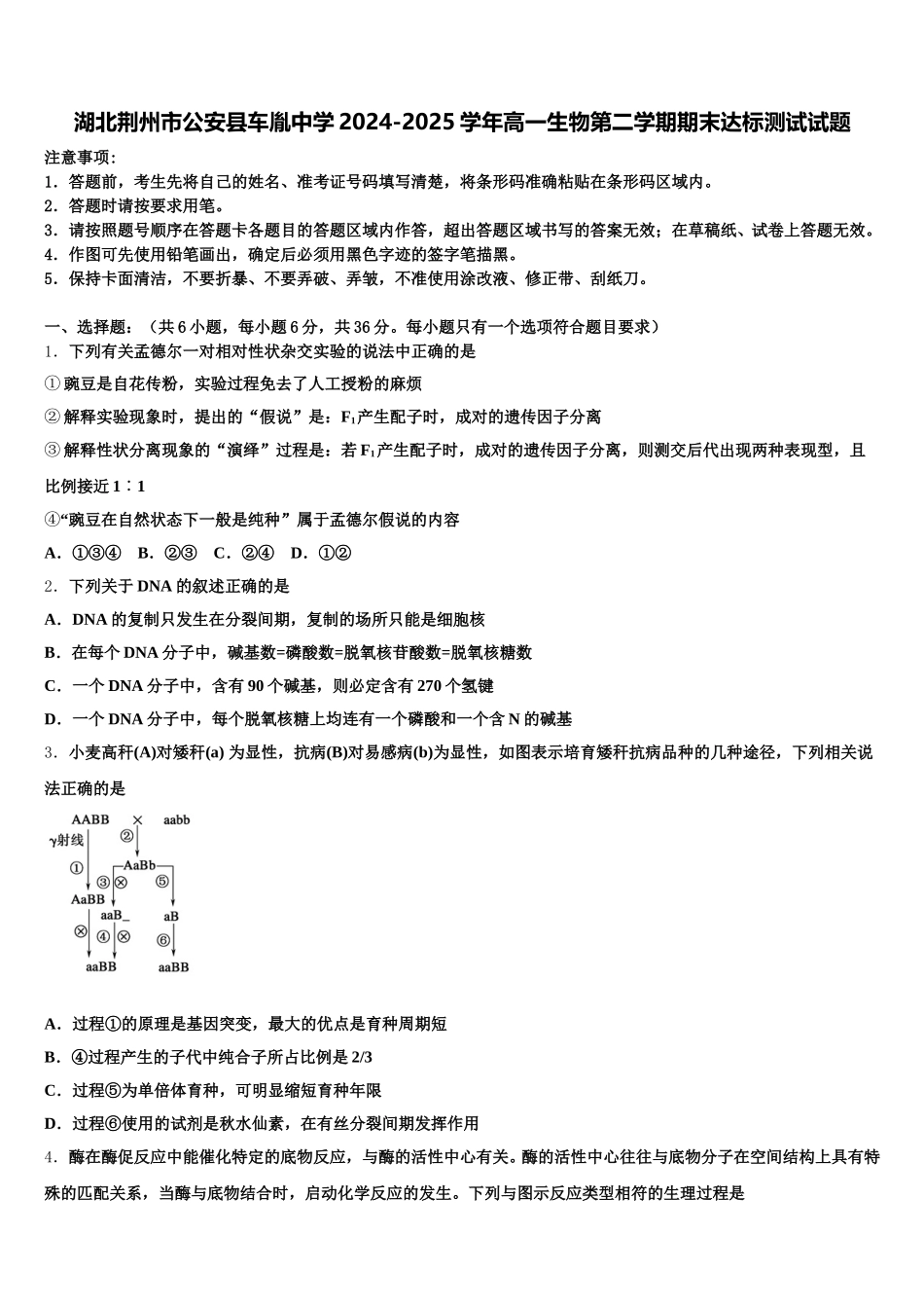 湖北荆州市公安县车胤中学2024-2025学年高一生物第二学期期末达标测试试题含解析_第1页