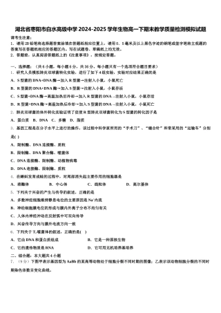 湖北省枣阳市白水高级中学2024-2025学年生物高一下期末教学质量检测模拟试题含解析