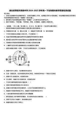 湖北省枣阳市高级中学2024-2025学年高一下生物期末教学质量检测试题含解析