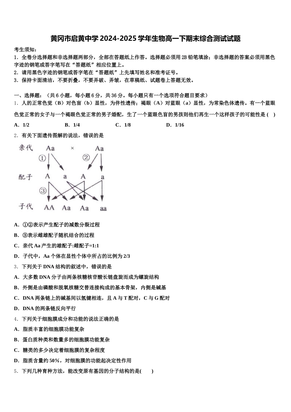 黄冈市启黄中学2024-2025学年生物高一下期末综合测试试题含解析_第1页