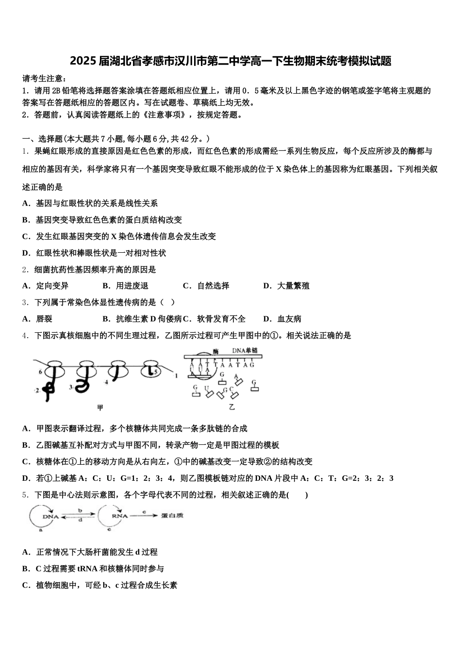 2025届湖北省孝感市汉川市第二中学高一下生物期末统考模拟试题含解析_第1页