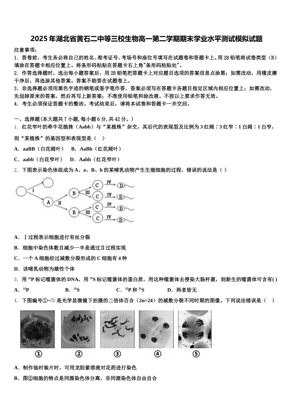 2025年湖北省黄石二中等三校生物高一第二学期期末学业水平测试模拟试题含解析_第1页