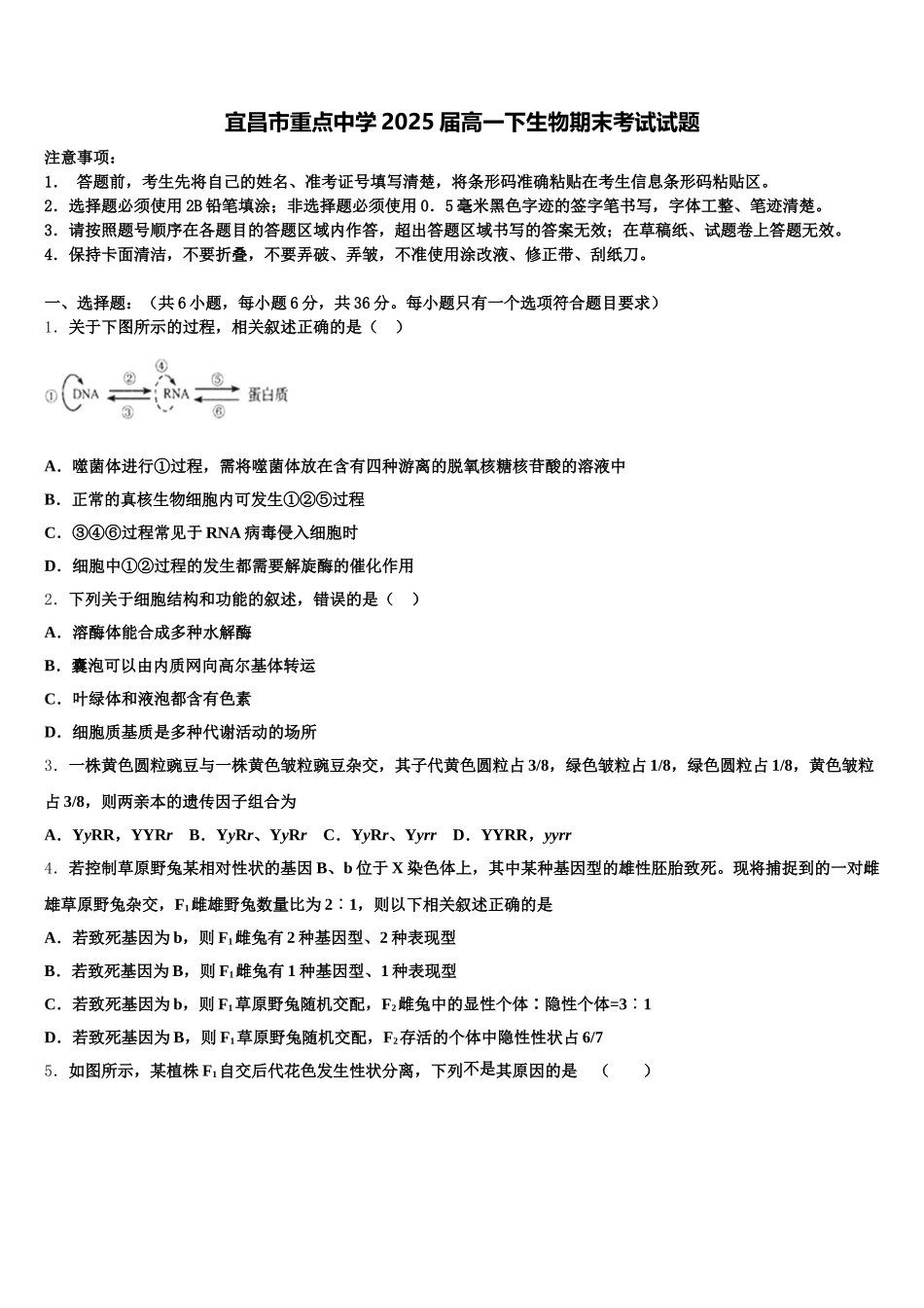 宜昌市重点中学2025届高一下生物期末考试试题含解析_第1页
