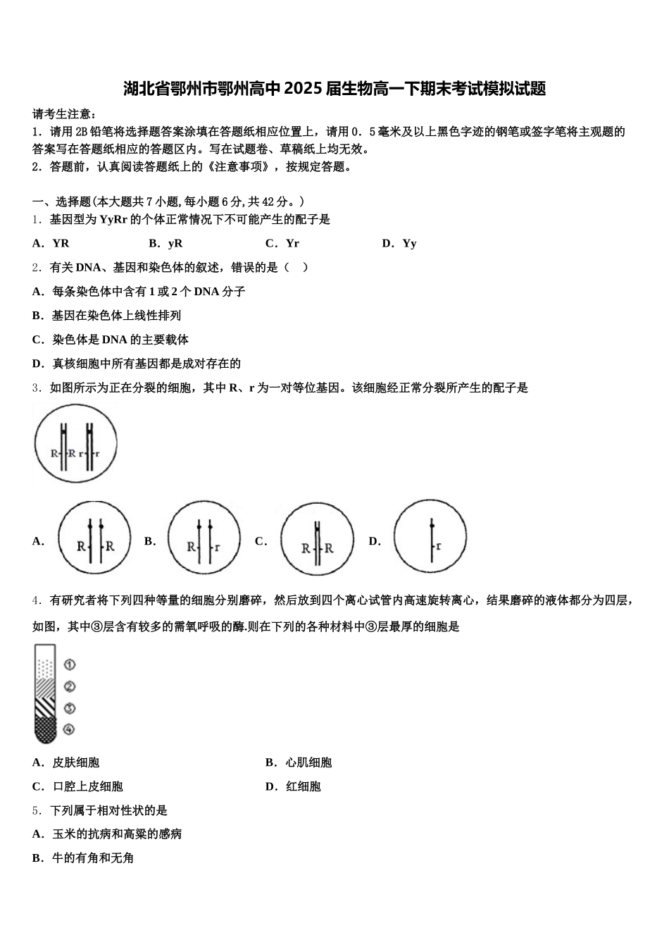 湖北省鄂州市鄂州高中2025届生物高一下期末考试模拟试题含解析_第1页