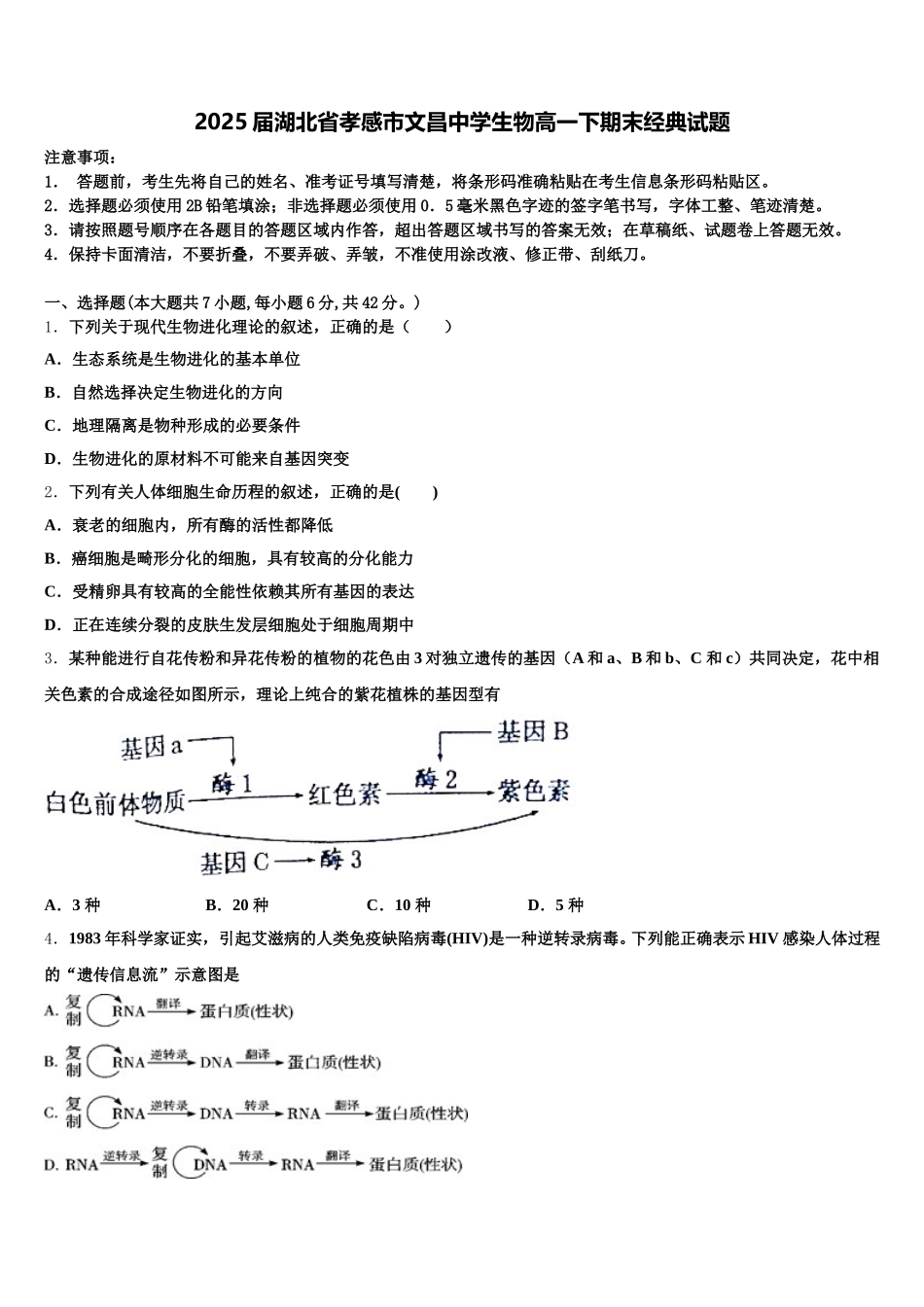 2025届湖北省孝感市文昌中学生物高一下期末经典试题含解析_第1页
