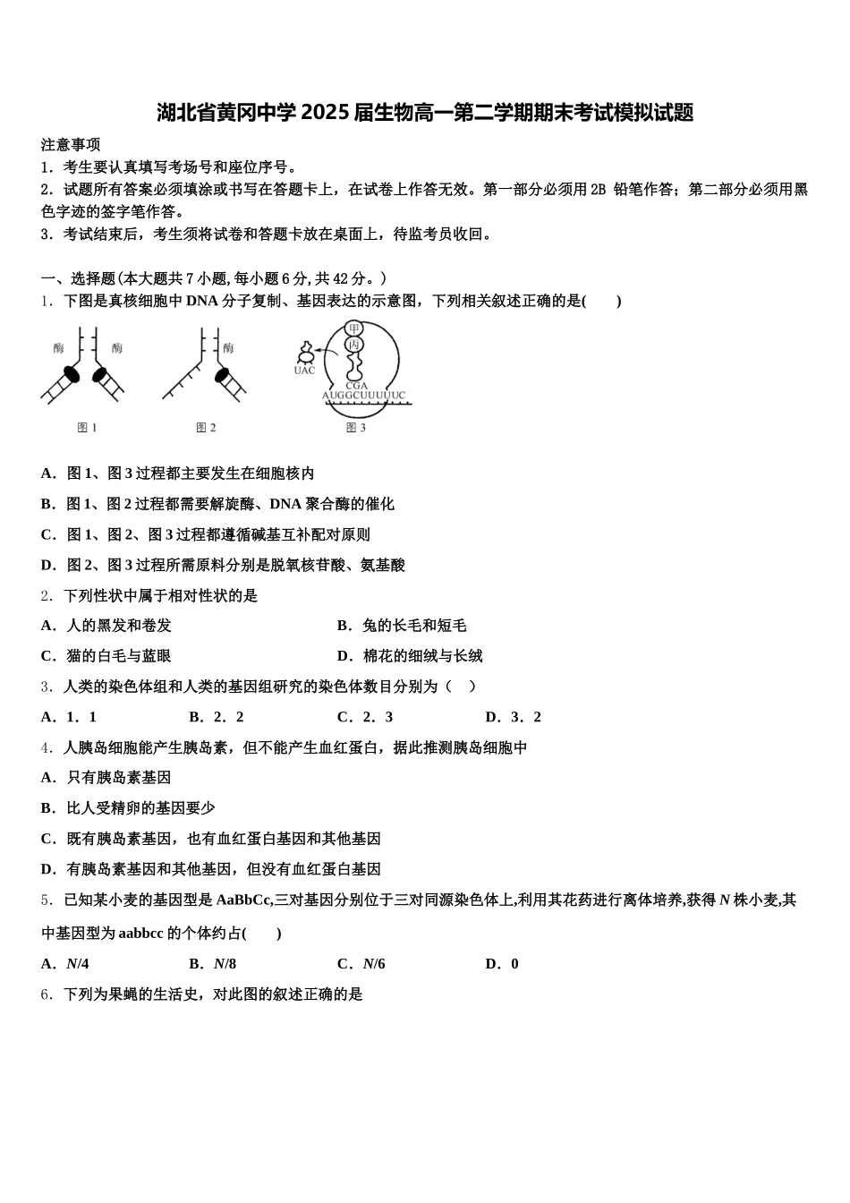 湖北省黄冈中学2025届生物高一第二学期期末考试模拟试题含解析_第1页