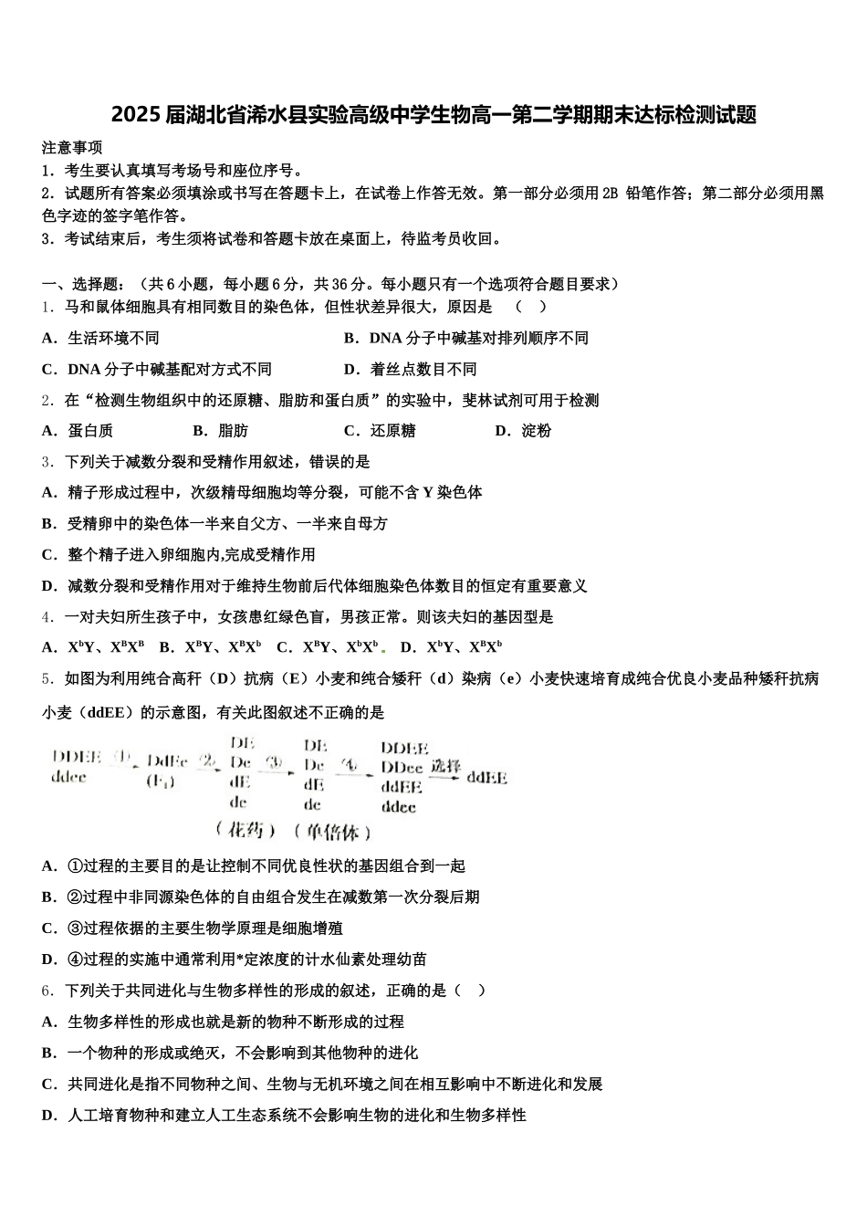 2025届湖北省浠水县实验高级中学生物高一第二学期期末达标检测试题含解析_第1页