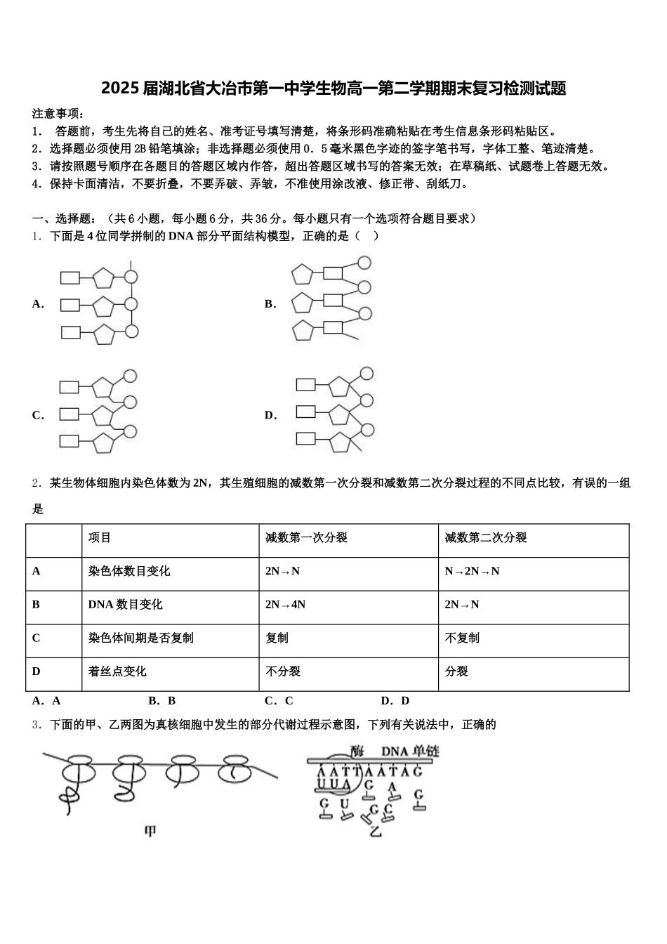 2025届湖北省大冶市第一中学生物高一第二学期期末复习检测试题含解析_第1页