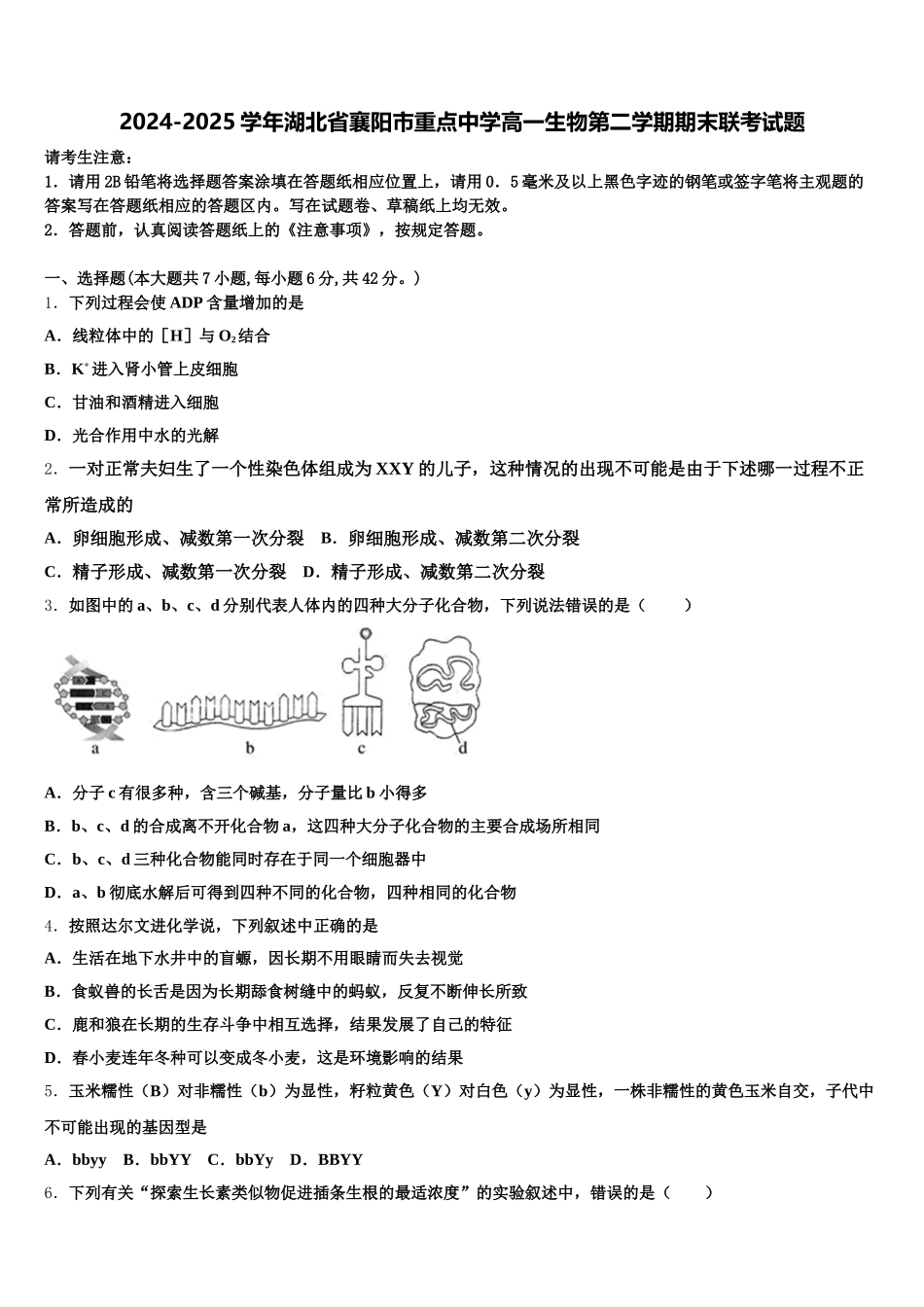 2024-2025学年湖北省襄阳市重点中学高一生物第二学期期末联考试题含解析_第1页
