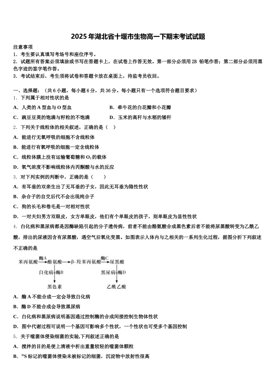 2025年湖北省十堰市生物高一下期末考试试题含解析_第1页