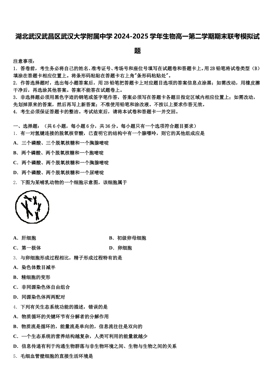湖北武汉武昌区武汉大学附属中学2024-2025学年生物高一第二学期期末联考模拟试题含解析_第1页
