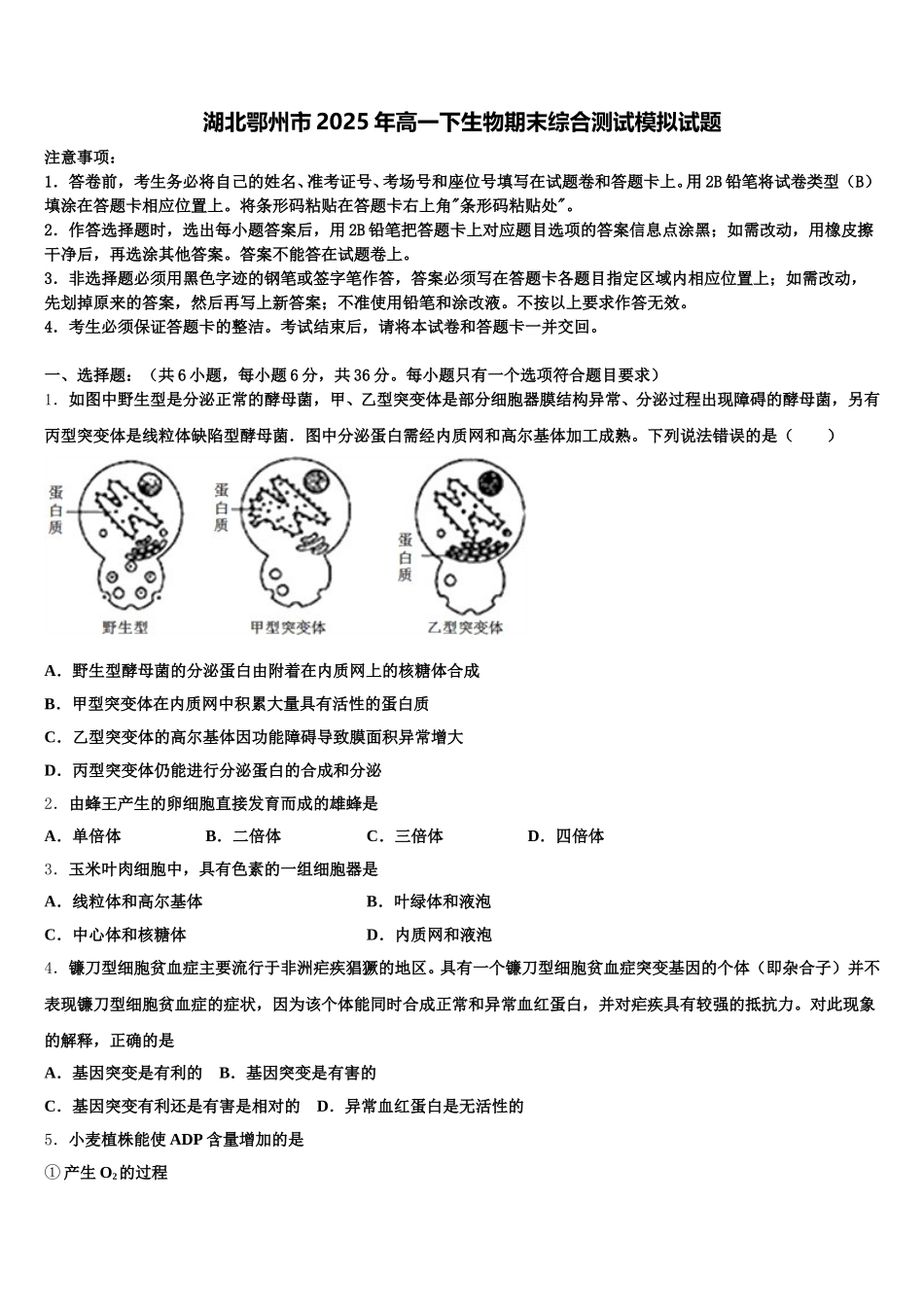 湖北鄂州市2025年高一下生物期末综合测试模拟试题含解析_第1页