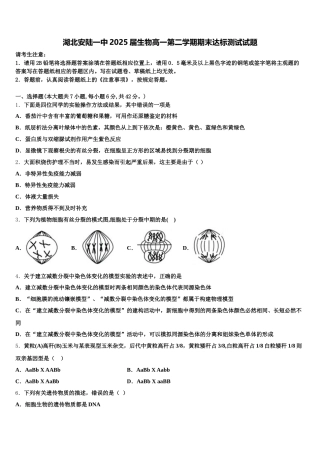 湖北安陆一中2025届生物高一第二学期期末达标测试试题含解析