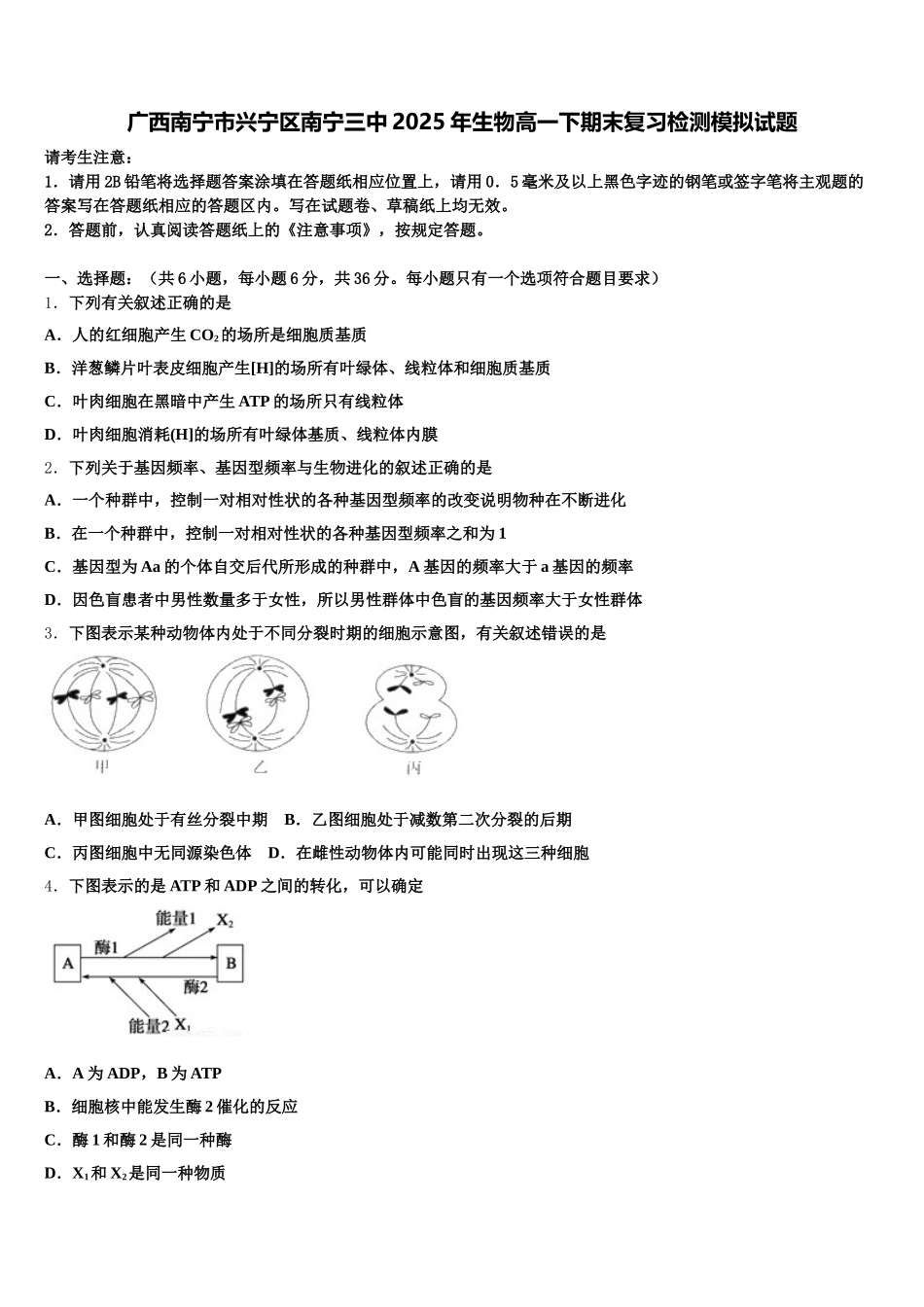 广西南宁市兴宁区南宁三中2025年生物高一下期末复习检测模拟试题含解析_第1页
