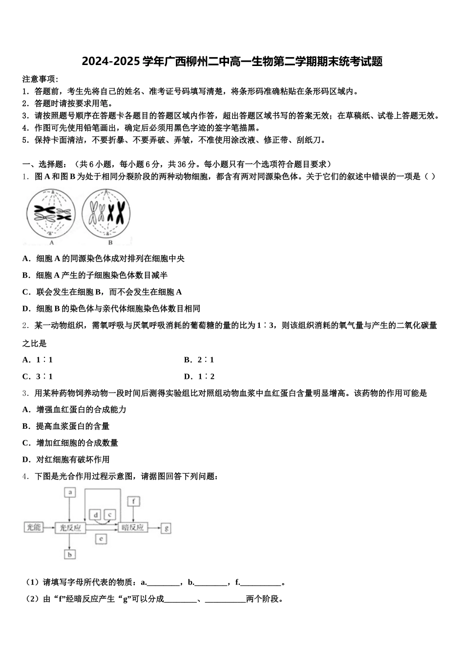 2024-2025学年广西柳州二中高一生物第二学期期末统考试题含解析_第1页