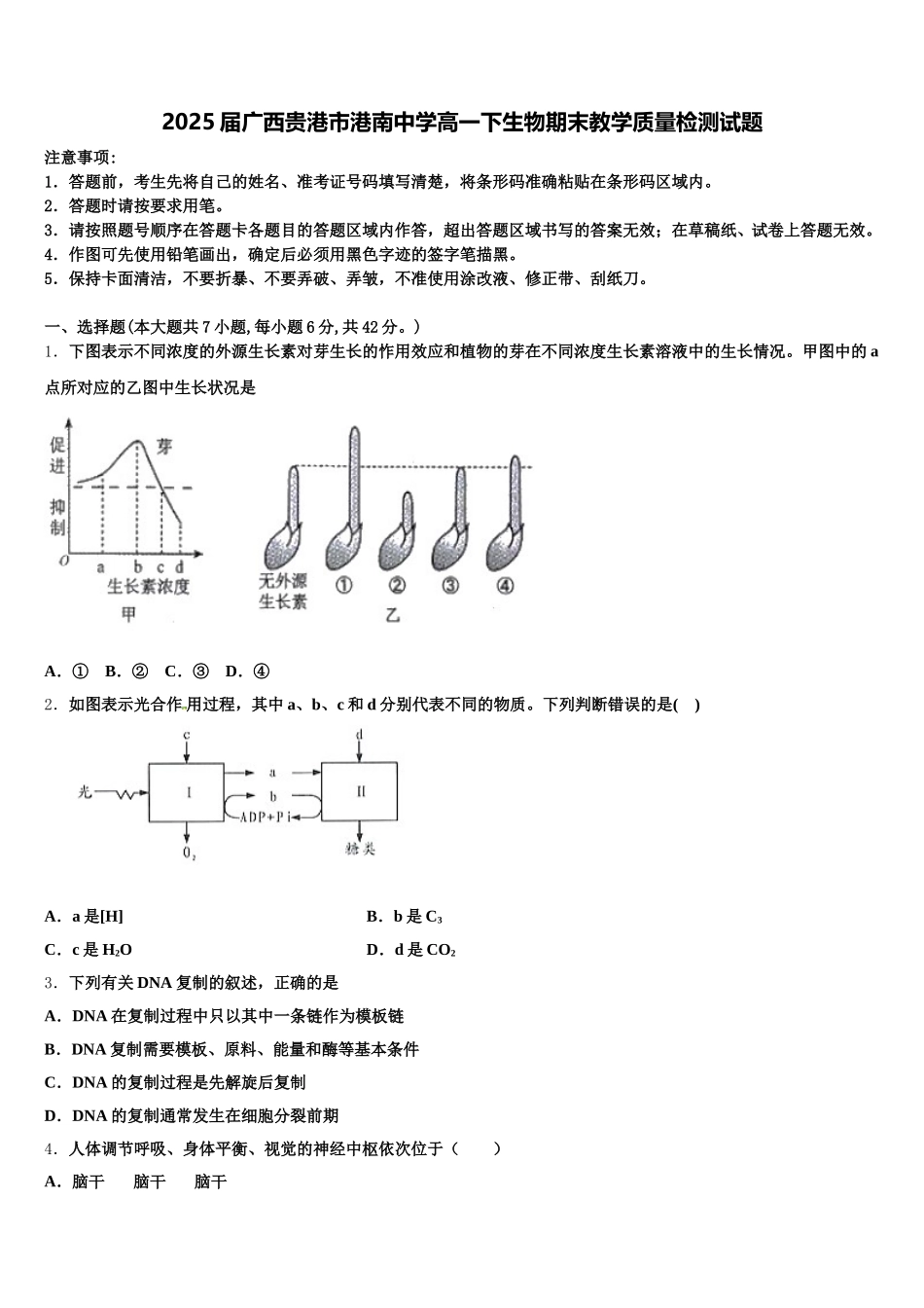 2025届广西贵港市港南中学高一下生物期末教学质量检测试题含解析_第1页