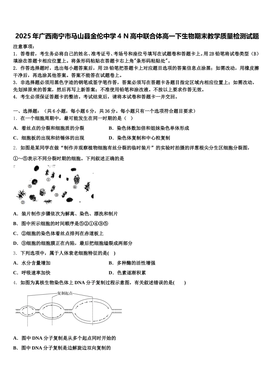 2025年广西南宁市马山县金伦中学4 N高中联合体高一下生物期末教学质量检测试题含解析_第1页
